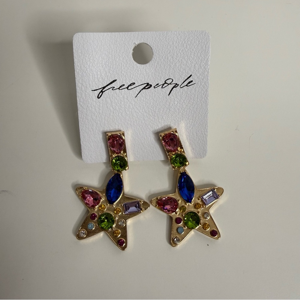 Free People Nancy Ann Earrings Gold Toned and Jeweled Stars NWT $48 - Picture 4 of 5